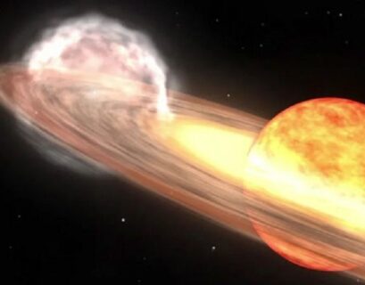 Rappresentazione artistica del sistema binario all 'origine della stella variabile T Coronae Borealis (fonte: NASA LabGoddard Space Flight Center)